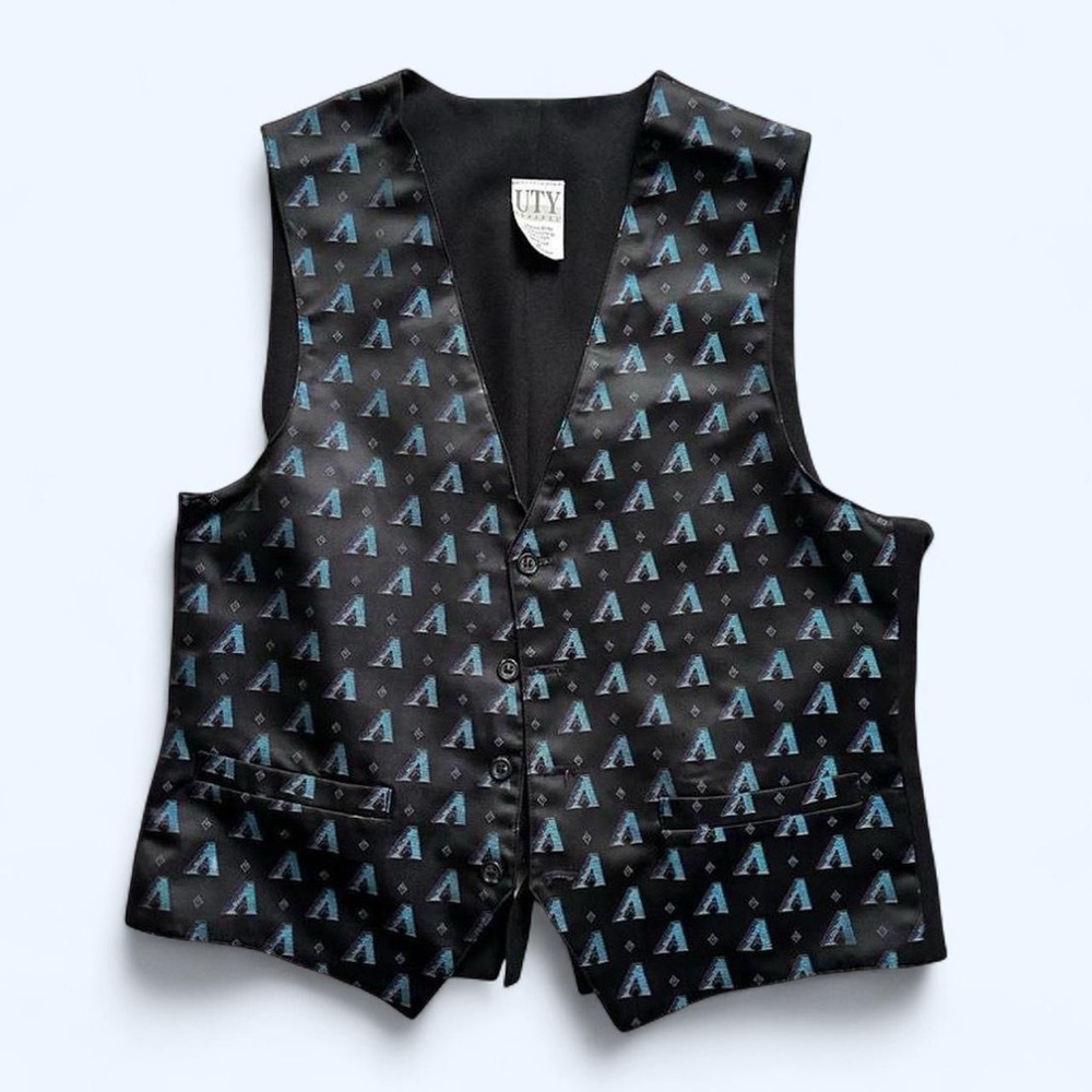 Vintage 1990s Black Satin Arizona Diamondback Patterned Vest with Blue Motif
